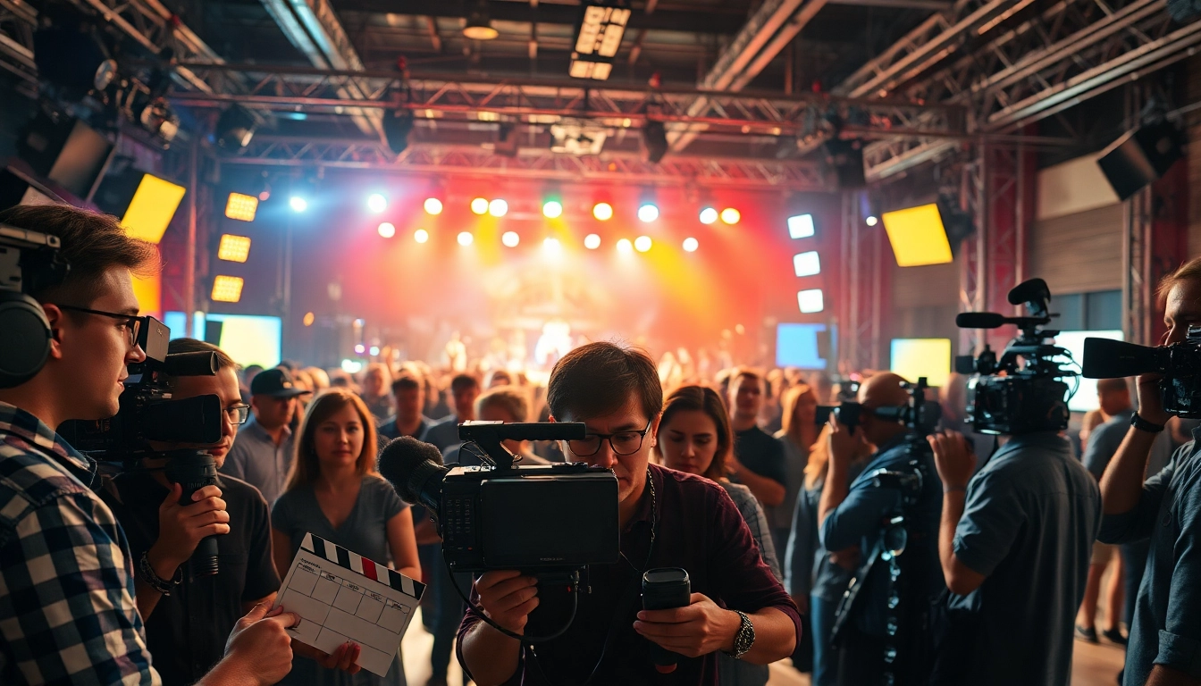 Filmmakers from edmonton production companies work energetically on a vibrant film set.