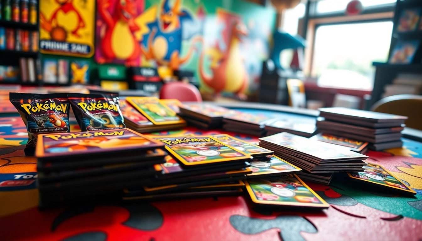 Discover vibrant Pokémon cards in India, showcasing various booster packs and singles on display.