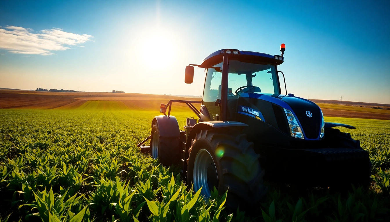 New Holland Traktor in einem sonnigen Feld, das landwirtschaftliche Effizienz symbolisiert.