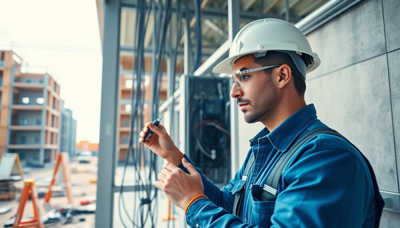 Electrical Contractor installing wiring on a construction site, showcasing professionalism and safety.