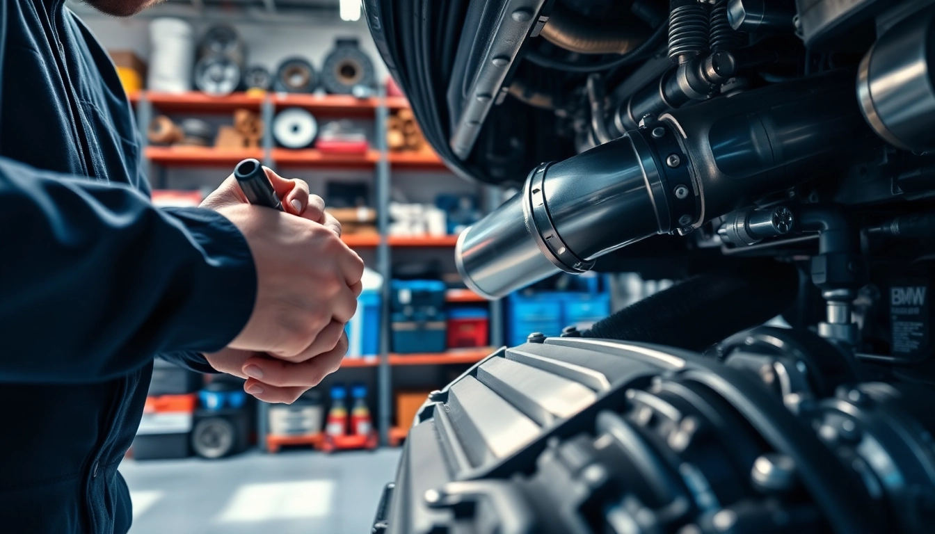 Mechanic installing an n55 downpipe in a well-lit garage with precision and care.