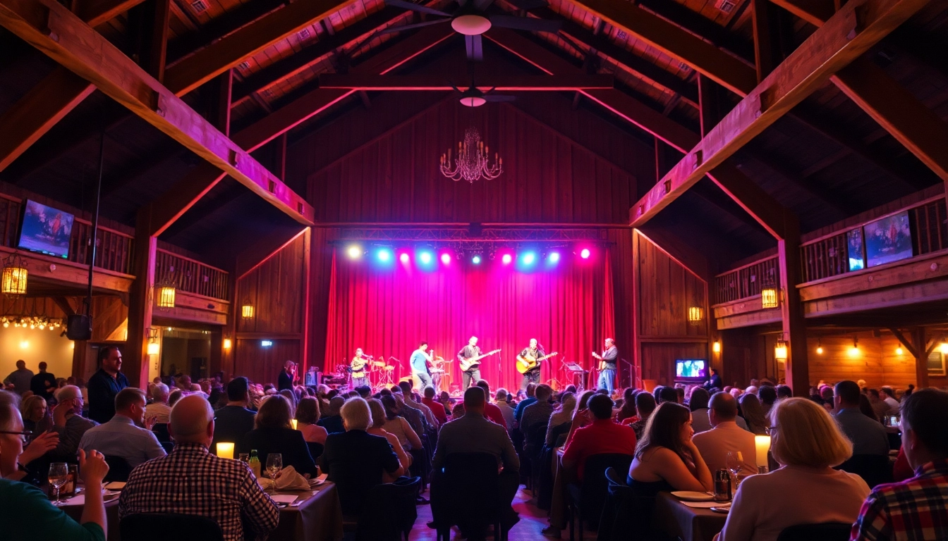 Engaging firelight barn photos showcasing a lively performance in a rustic dinner theater.