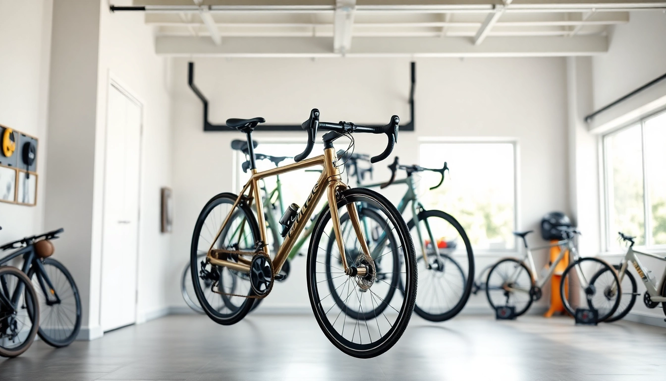 Organized bike wall rack holding multiple bicycles in a modern garage setting.