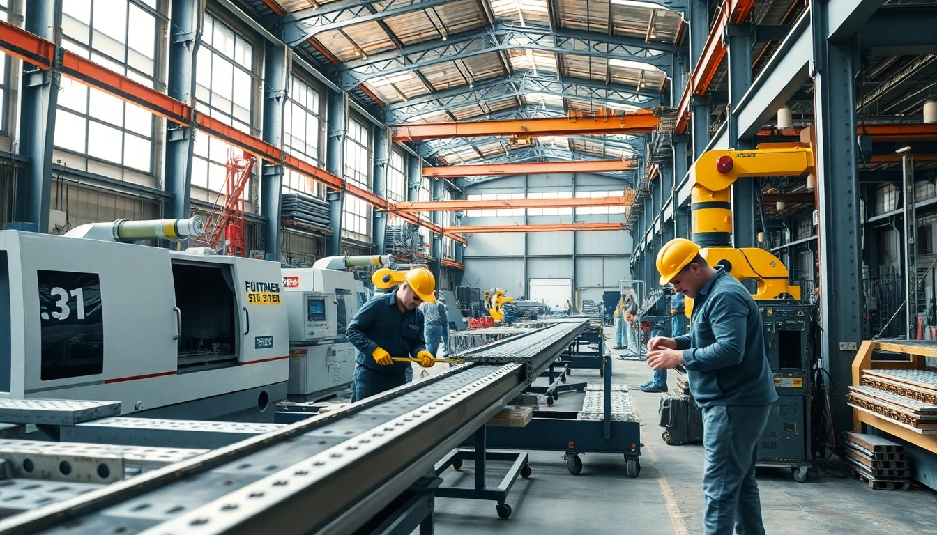 Capturing professionals engaged in structural steel fabrication processes with advanced machinery in a workshop.