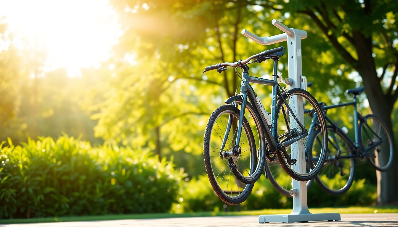 Secure vertical bike rack holding multiple bicycles in a vibrant outdoor park setting.