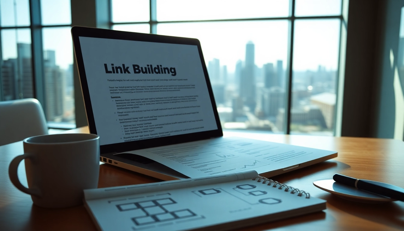 Illustration of link building strategy in a professional workspace, showcasing tools and documents.