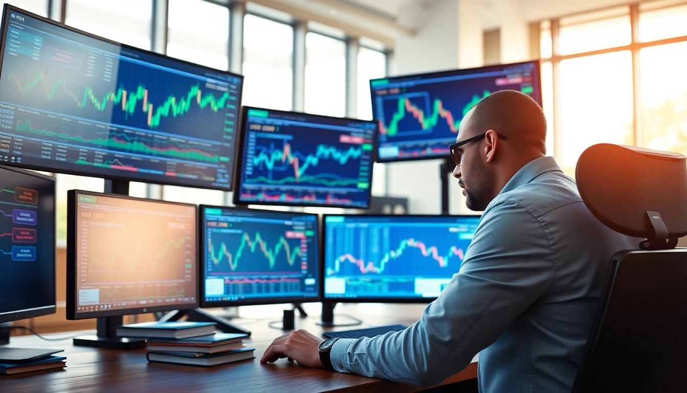 Analyze Forex Signals with a professional forex trading setup featuring multiple monitors.