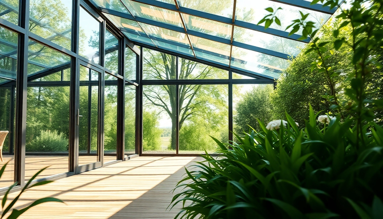 Modern glass sunroom showcasing its elegant design amidst lush surroundings