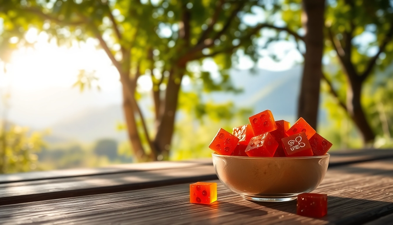 Showcase vibrant Shilajit Gummies on a wooden table amidst lush greenery outdoors, highlighting their natural appeal.