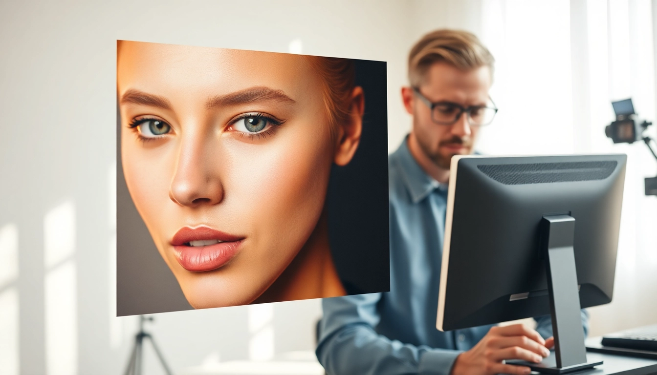 Enhancing portraits through professional portrait retouching services in an editing studio.