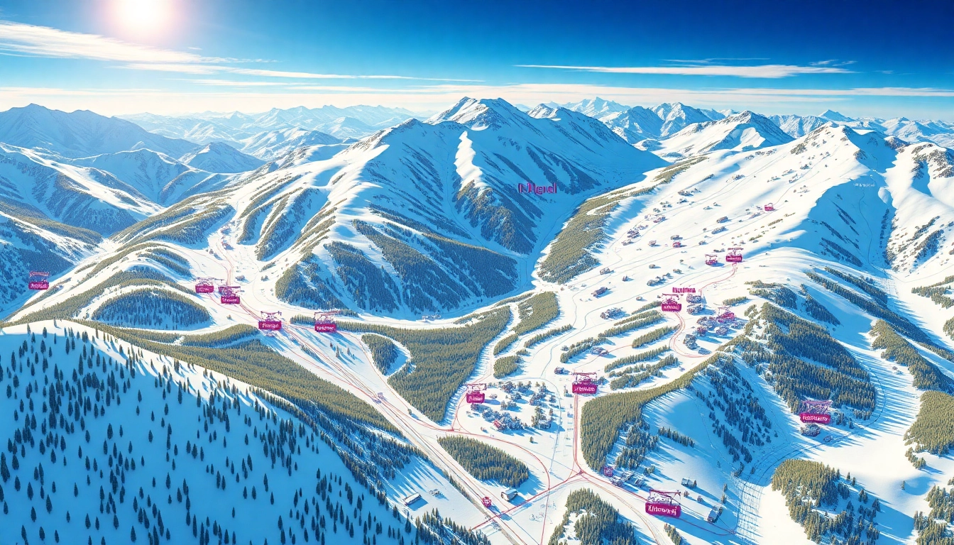Detailed ski map illustration depicting marked trails and snowy terrain, showcasing winter sports opportunities.