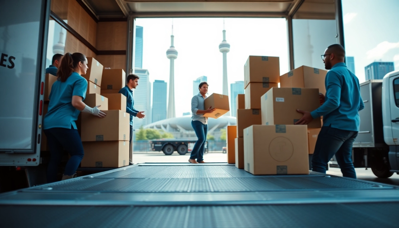 Efficient movers engaged in relocating services in Toronto, showcasing professionalism with the skyline in the background.