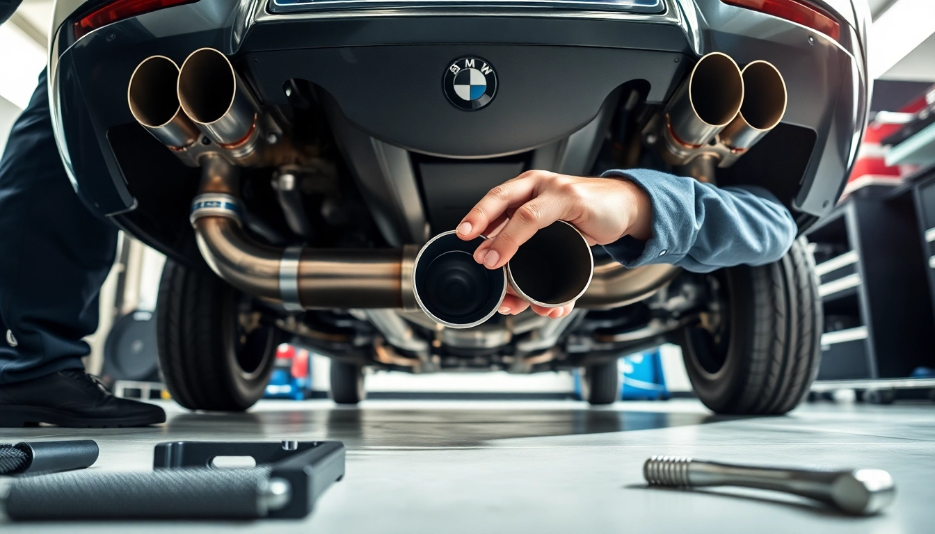Install of n55 downpipe showing mechanic's hands aligning component in bright garage.
